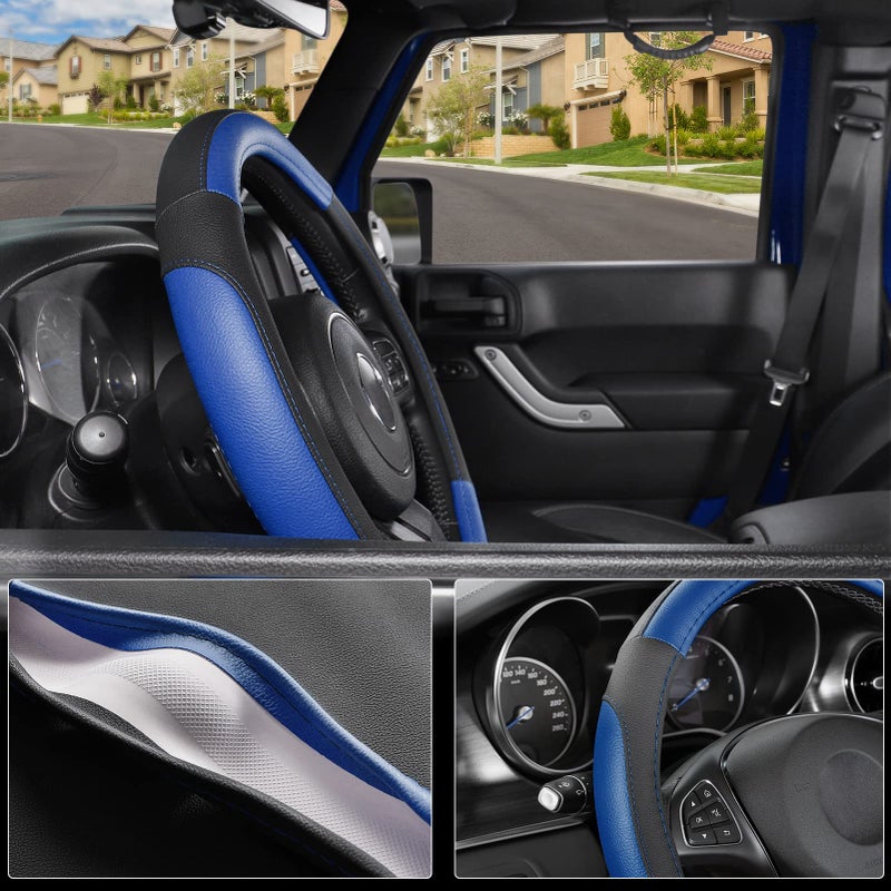 SEG Direct Car Steering Wheel Cover for F-150 Tundra Range Rover 15.5-16 inch, Black and Blue Microfiber Leather - Image 3